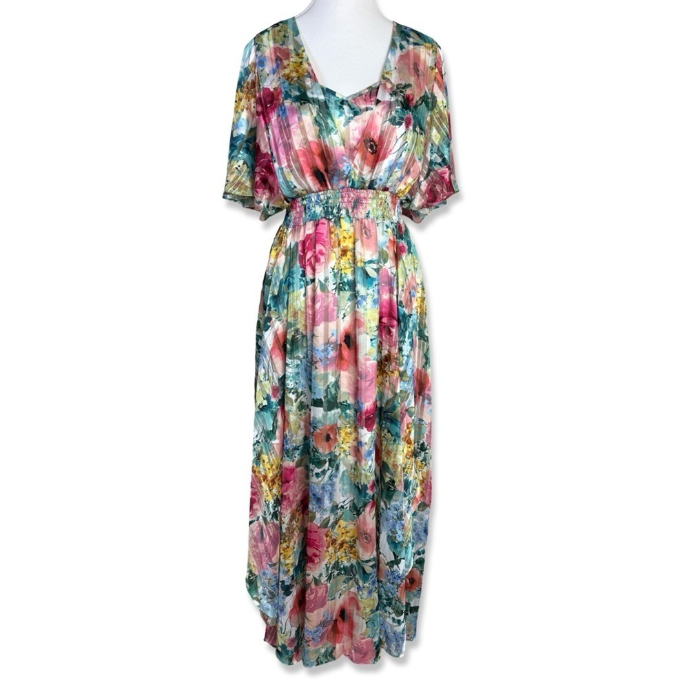 KENSIE Floral Flowy Flutter Sleeve Pleated Dress